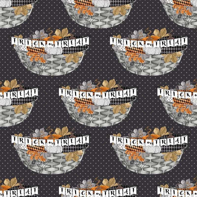 Vintage Trick or Treat Banner Fabric - Black - ineedfabric.com