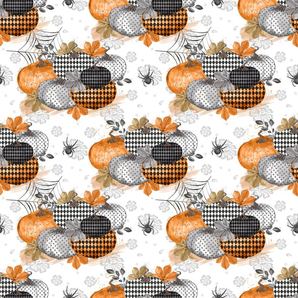 Vintage Trick or Treat Pumpkins Fabric - White - ineedfabric.com
