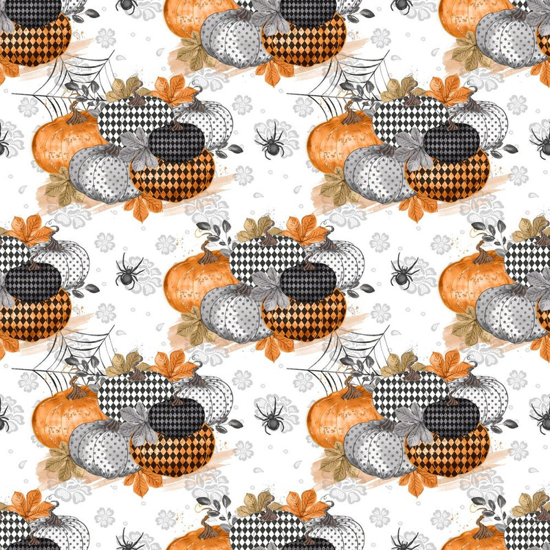 Vintage Trick or Treat Pumpkins Fabric - White - ineedfabric.com