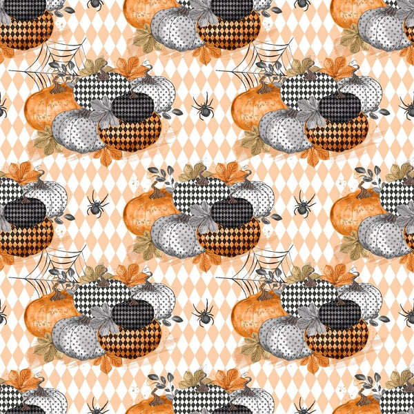 Vintage Trick or Treat Pumpkins Orange Checkered Fabric - ineedfabric.com