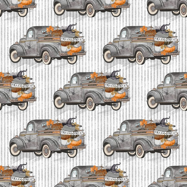 Vintage Trick or Treat Trucks on Gray Stripes Fabric - ineedfabric.com