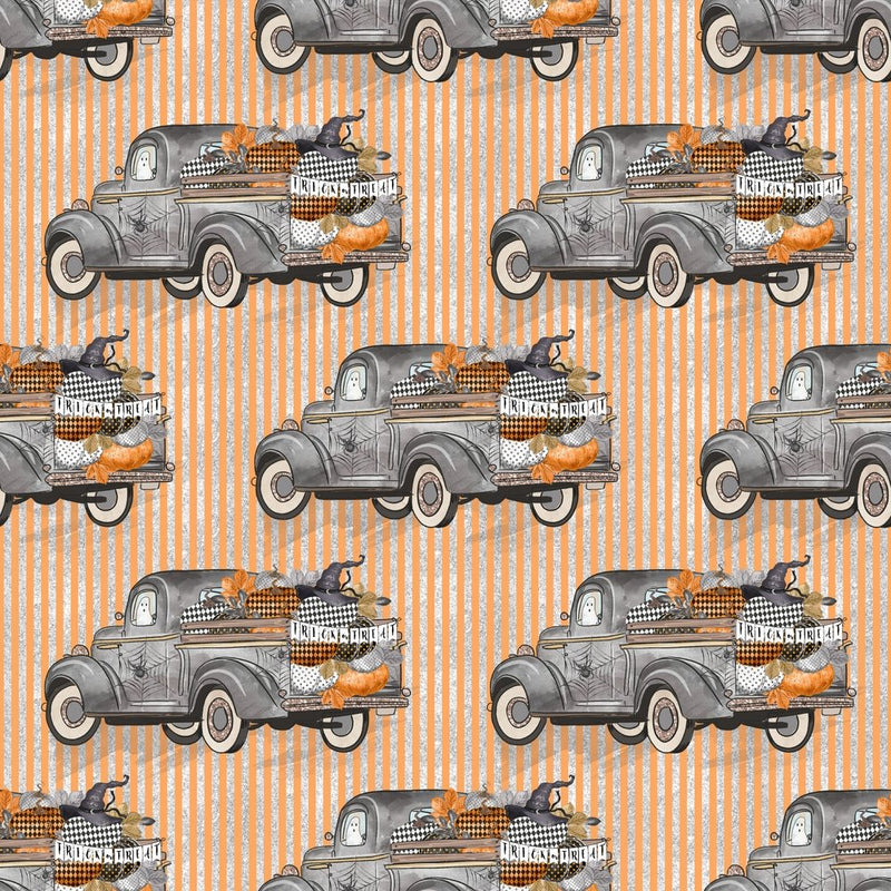 Vintage Trick or Treat Trucks on Orange Stripes Fabric - ineedfabric.com