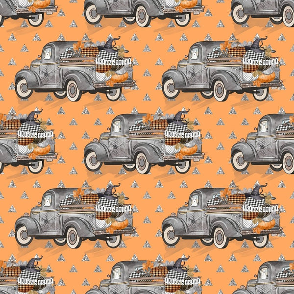 Vintage Trick or Treat Trucks on Orange Triangles Fabric - ineedfabric.com