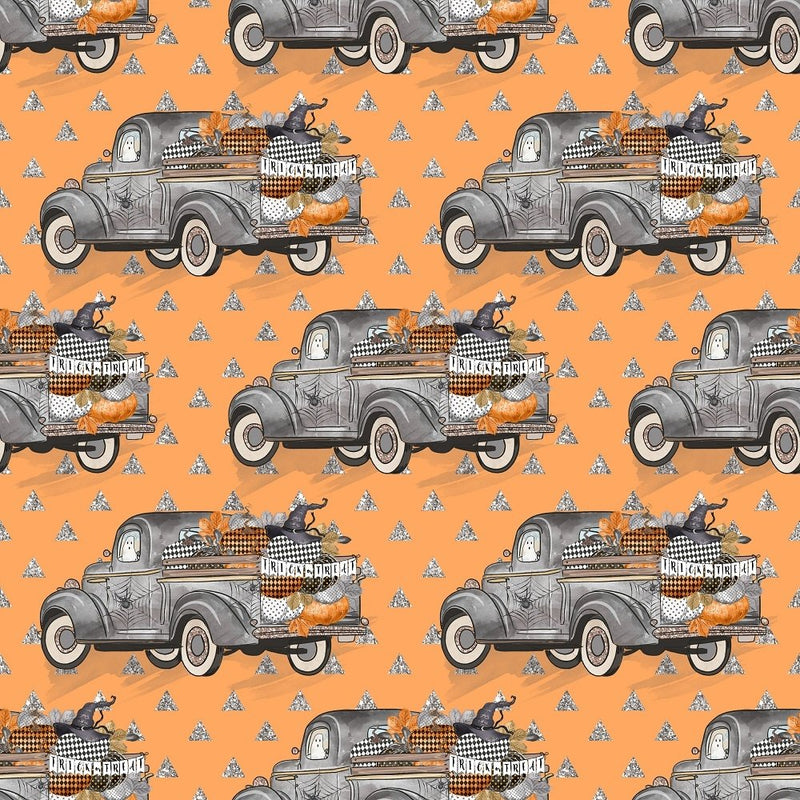 Vintage Trick or Treat Trucks on Orange Triangles Fabric - ineedfabric.com