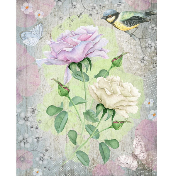 Vintage Watercolor Roses & Bird Fabric Panel - ineedfabric.com