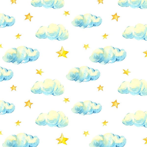 Vintage Watercolor Stars & Clouds Fabric - White - ineedfabric.com