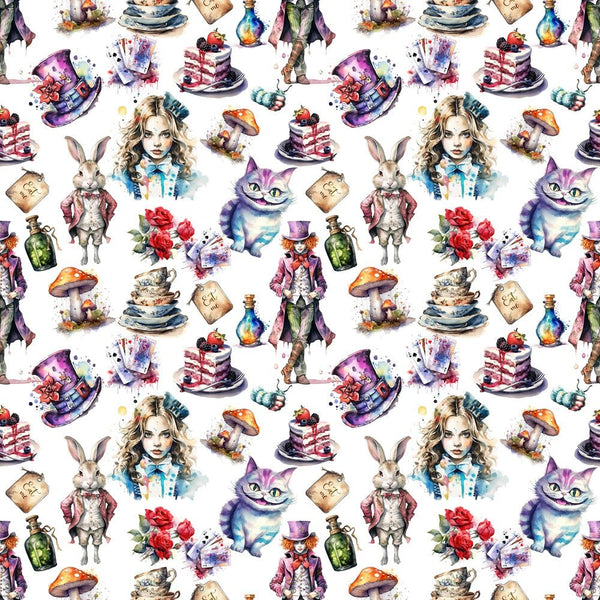 Watercolor Alice In Wonderland Elements Fabric - ineedfabric.com