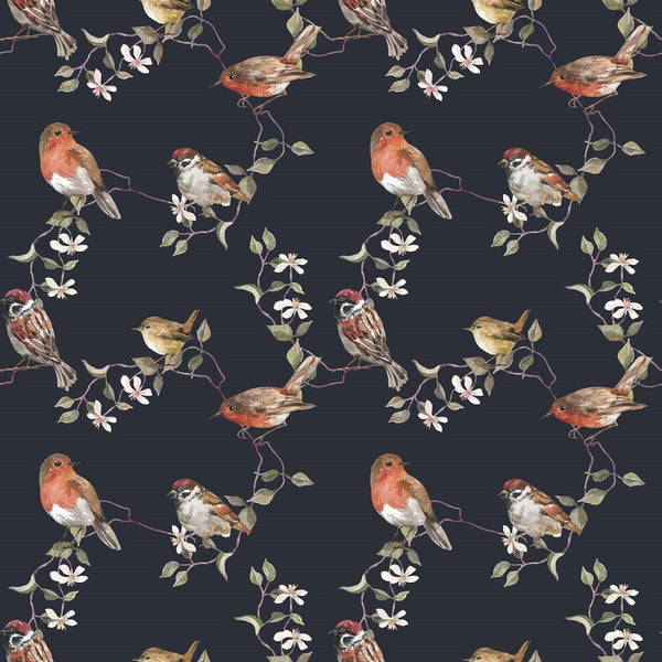 Watercolor Allover Birds Fabric - Navy - ineedfabric.com