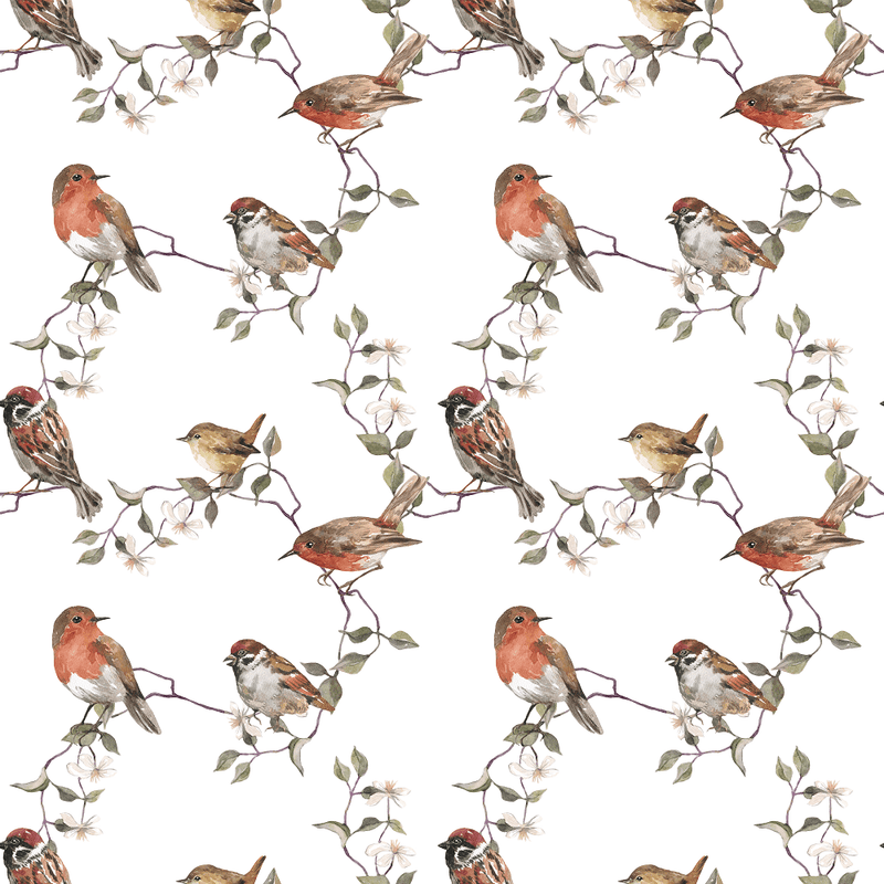 Watercolor Allover Birds Fabric - White - ineedfabric.com