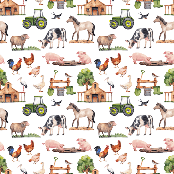Watercolor Allover Farm Animals Fabric - White - ineedfabric.com