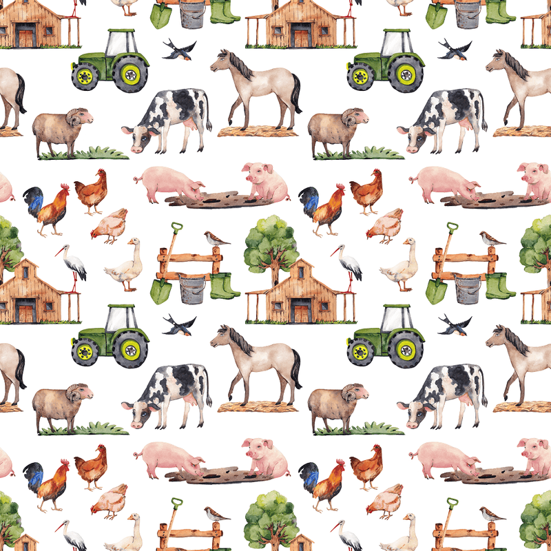 Watercolor Allover Farm Animals Fabric - White - ineedfabric.com