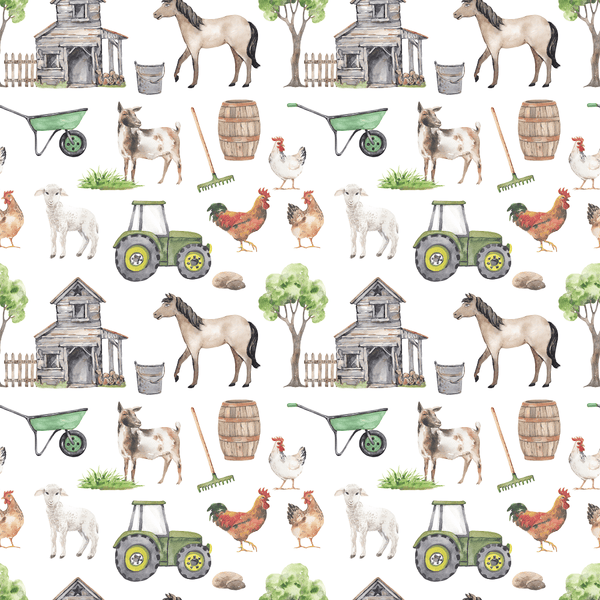 Watercolor Allover Goat Farm Fabric - White - ineedfabric.com