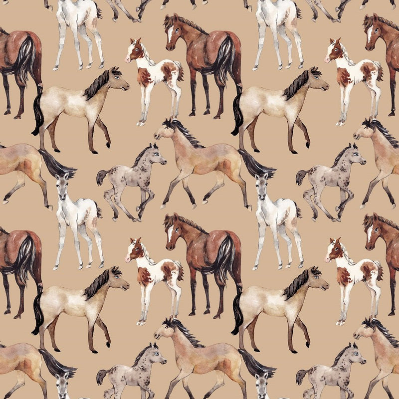 Watercolor Allover Horses Fabric - Tan - ineedfabric.com
