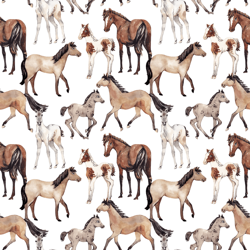 Watercolor Allover Horses Fabric - White - ineedfabric.com