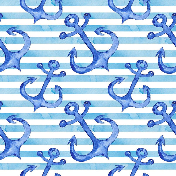 Watercolor Anchors on Stripes Fabric - ineedfabric.com