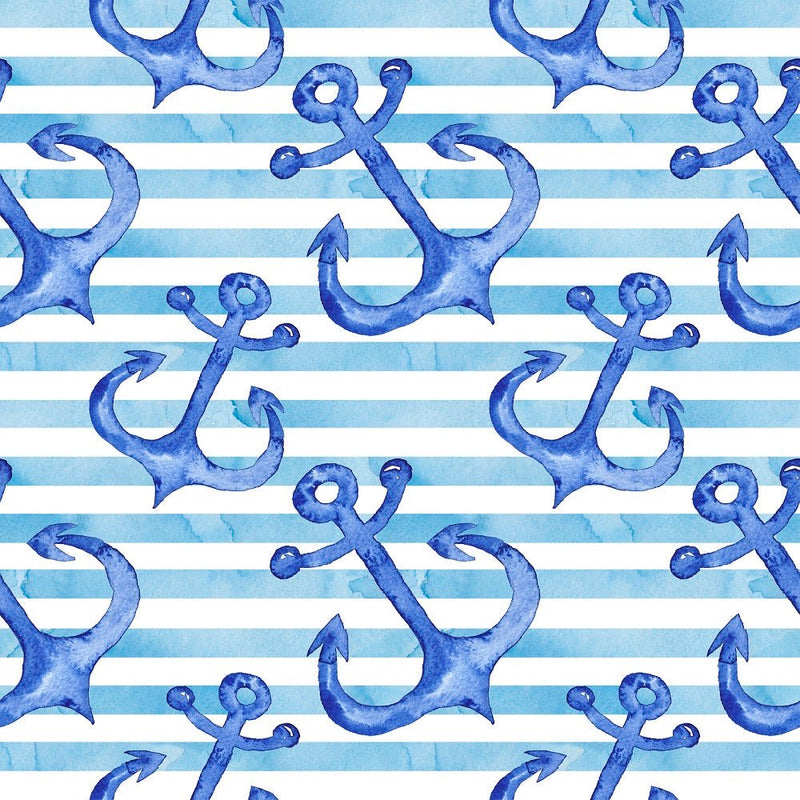 Watercolor Anchors on Stripes Fabric - ineedfabric.com