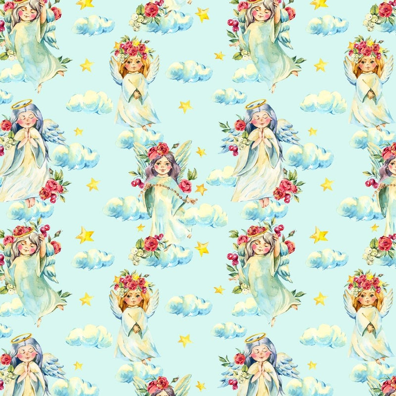 Watercolor Angels In The Sky Fabric - Blue - ineedfabric.com