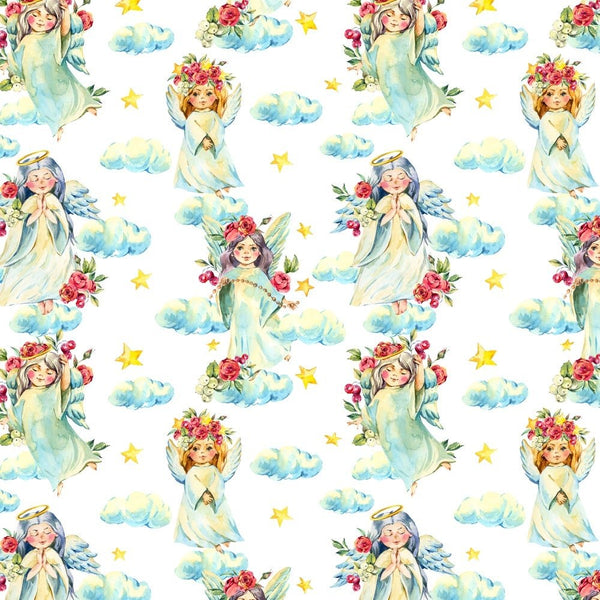 Watercolor Angels In The Sky Fabric - White - ineedfabric.com
