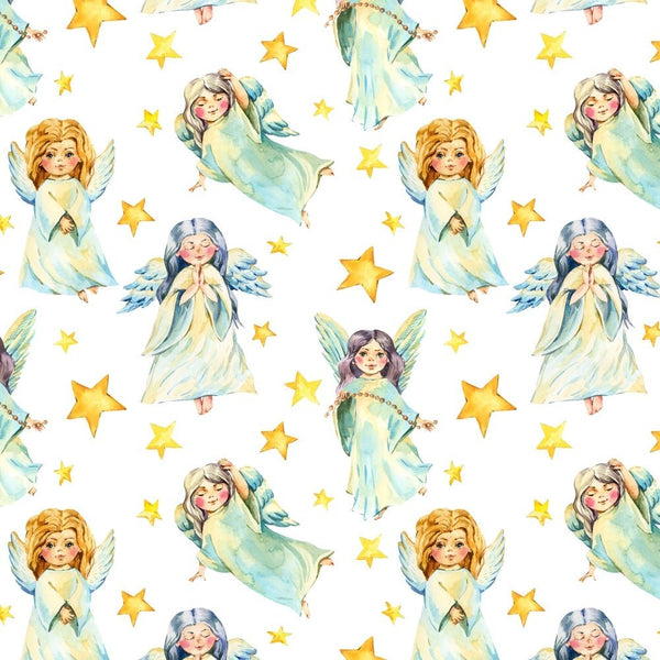 Watercolor Angels & Stars Fabric - ineedfabric.com
