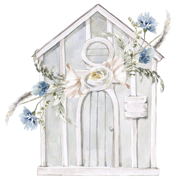 Watercolor Barn with Blue Flowers Fabric Panel - ineedfabric.com