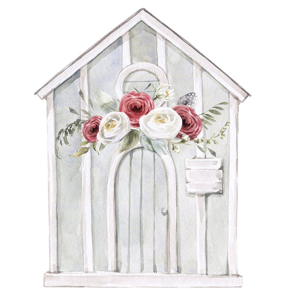 Watercolor Barn with Red Flowers Fabric Panel - ineedfabric.com