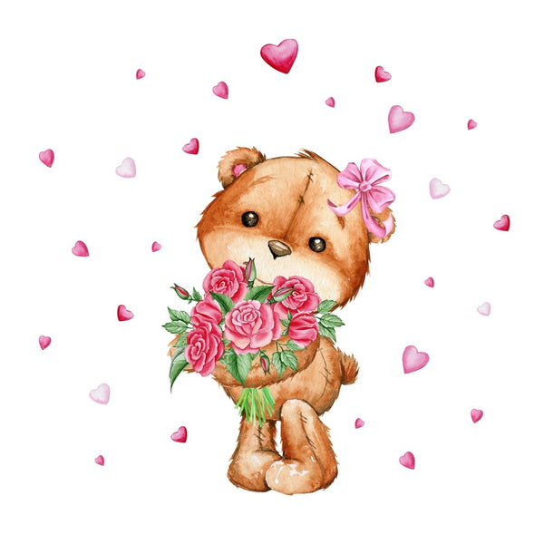 Watercolor Bear With Roses Fabric Panel - ineedfabric.com