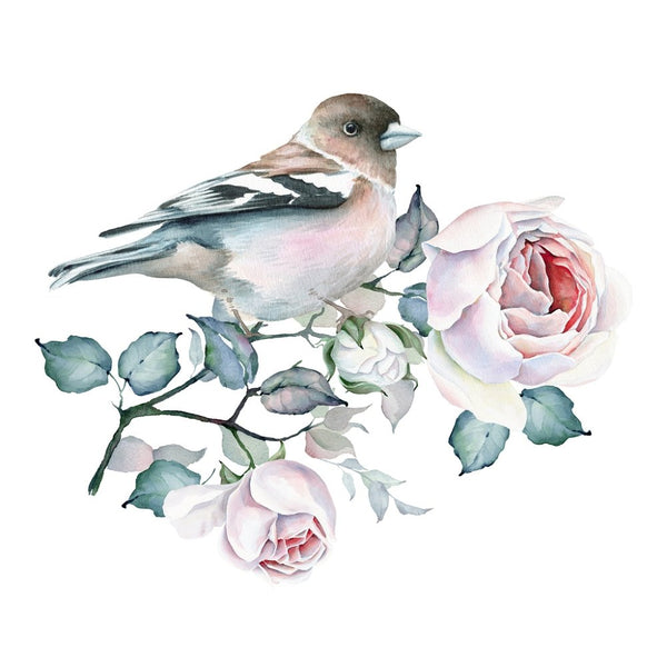 Watercolor Bird Perched on Rose Bouquet Fabric Panel - ineedfabric.com