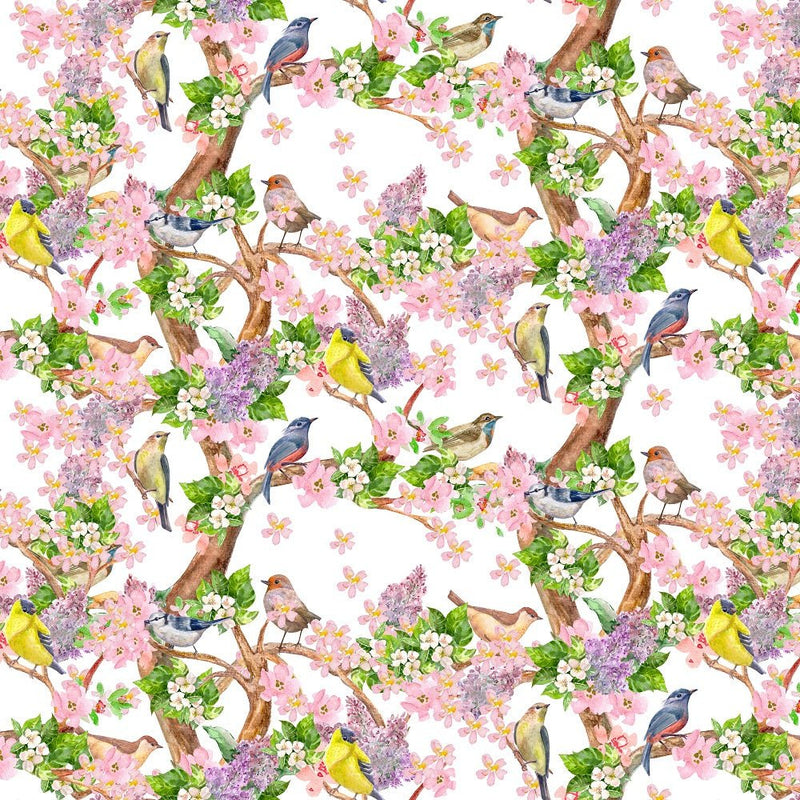 Watercolor Birds and Flying Butterflies Fabric - ineedfabric.com