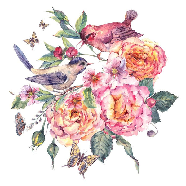 Watercolor Birds and Roses Fabric Panel - White - ineedfabric.com