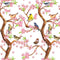 Watercolor Birds on Flowering Branches Fabric - ineedfabric.com