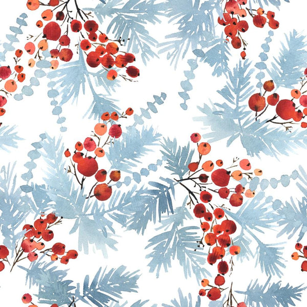 Watercolor Blue Spruce & Red Berries Fabric - ineedfabric.com
