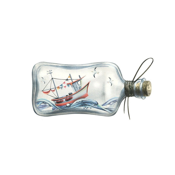 Watercolor Boat In A Glass Bottle Fabric Panel - ineedfabric.com