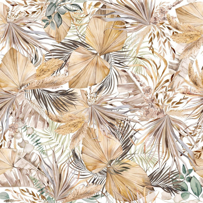 Watercolor Bohemian Dried Tropical Leaves Fabric - White - ineedfabric.com