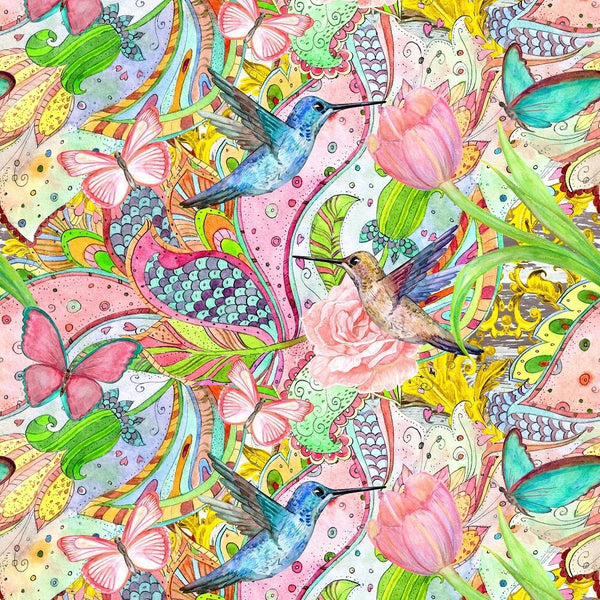 Watercolor Bright Hummingbirds & Flowers Fabric - ineedfabric.com