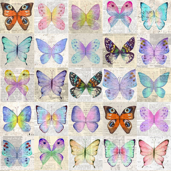 Watercolor Butterflies on Vintage Newspaper Fabric - ineedfabric.com