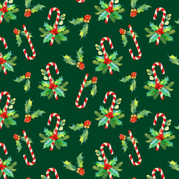 Watercolor Candy Canes & Mistletoe Fabric - Green - ineedfabric.com