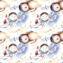 Watercolor Cats in Outer Space Fabric - White - ineedfabric.com