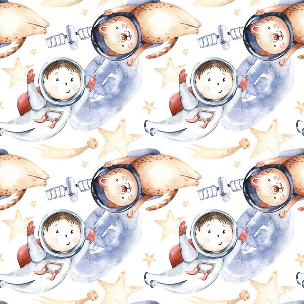 Watercolor Cats in Outer Space Fabric - White - ineedfabric.com