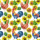Watercolor Chicken & Rooster Sunflower Fabric - ineedfabric.com