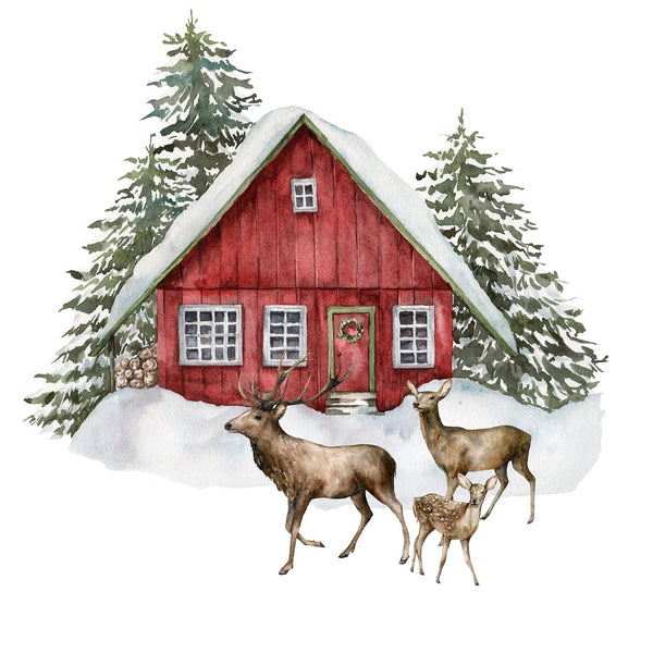 Watercolor Christmas Cabin Fabric Panel - Multi - ineedfabric.com