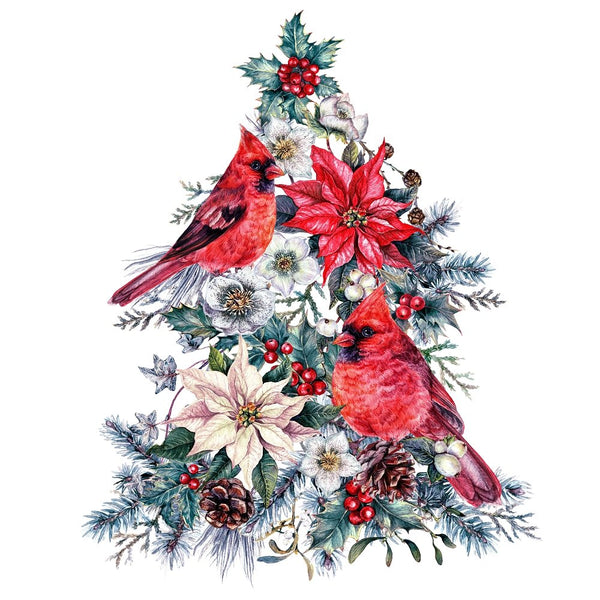 Watercolor Christmas Tree Cardinal Ornament Fabric Panel - ineedfabric.com