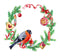 Watercolor Christmas Wreath with Bullfinch - White - ineedfabric.com