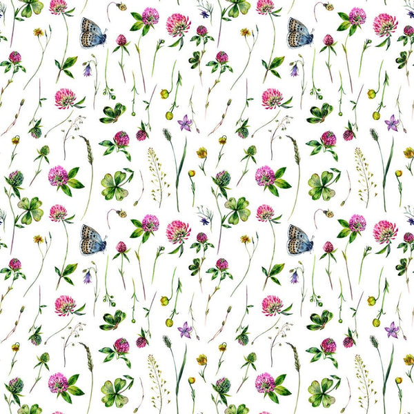 Watercolor Clovers, Flowers, and Meadow Grass Fabric - ineedfabric.com
