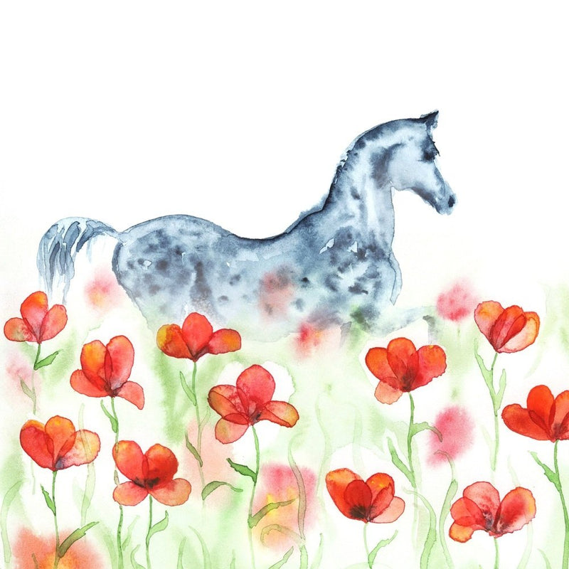 Watercolor Dapple Horse with Poppies Fabric Panel - ineedfabric.com