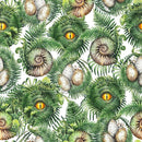 Watercolor Dinosaur Eyes, Fossils & Eggs Fabric - White - ineedfabric.com