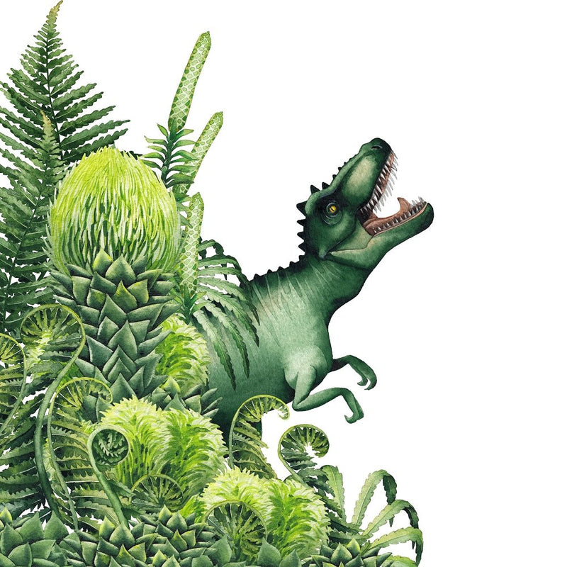 Watercolor Dinosaur T-Rex In Plants Fabric Panel - ineedfabric.com