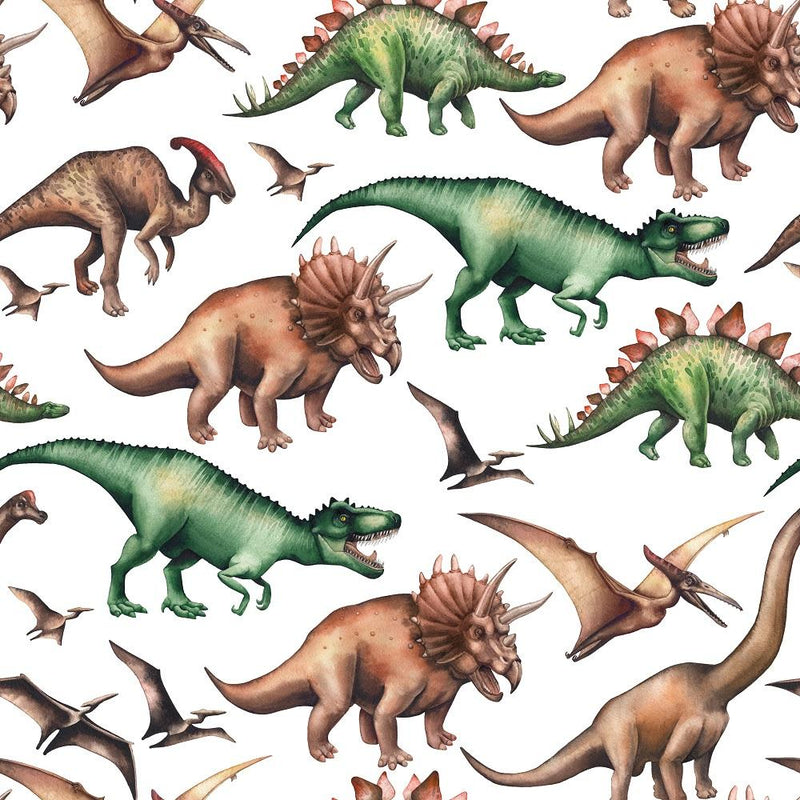 Watercolor Dinosaurs Fabric - White - ineedfabric.com