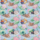 Watercolor Ducks & Lotus Flowers Fabric - Blue - ineedfabric.com