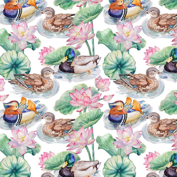 Watercolor Ducks & Lotus Flowers Fabric - White - ineedfabric.com