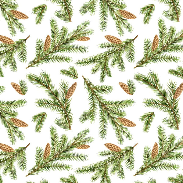Watercolor Fir Branches & Cones Fabric - Green - ineedfabric.com